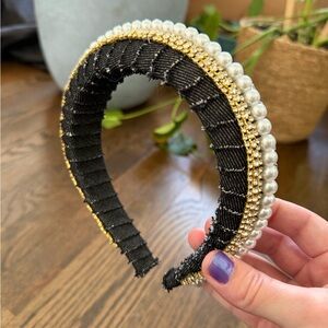 Pearl & Rhinestone Trim Black Fabric Padded Headband